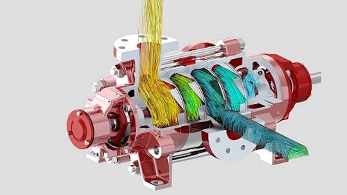 유체 흐름을 가상으로 표현한 빨간색과 흰색 펌프의 시뮬레이션